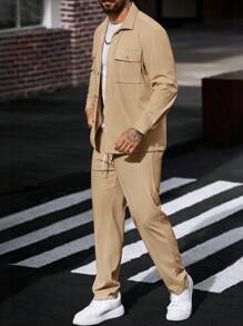 Manfinity CasualCool 2pcs Men's Corduroy Workwear Long Sleeve Shirt Set - Khaki - View 3