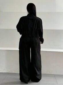 Maweii Set casual da 2 pezzi, composto da top con chiusura lampo e manica lunga di colore unito e pantaloni lunghi, per taglie comode