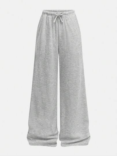 SHEIN Tween Girls Loose Casual Minimalist Versatile Wide Leg Ribbed Knit Solid Color Drawstring Sweatpants