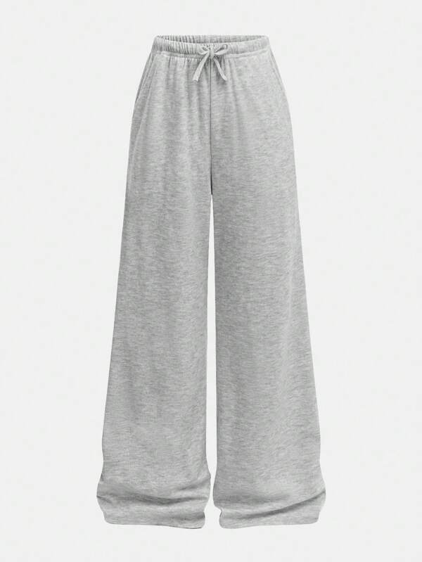 SHEIN Tween Girls Loose Casual Minimalist Versatile Wide Leg Ribbed Knit Solid Color Drawstring Sweatpants