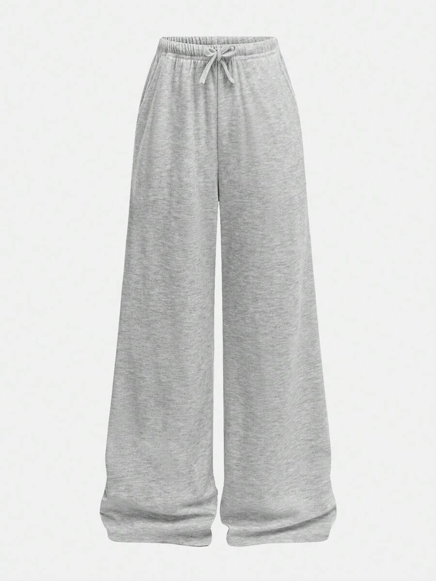 SHEIN Girlism Tween Girls Loose Casual Minimalist Versatile Wide Leg Ribbed Knit Solid Color Drawstring Sweatpants