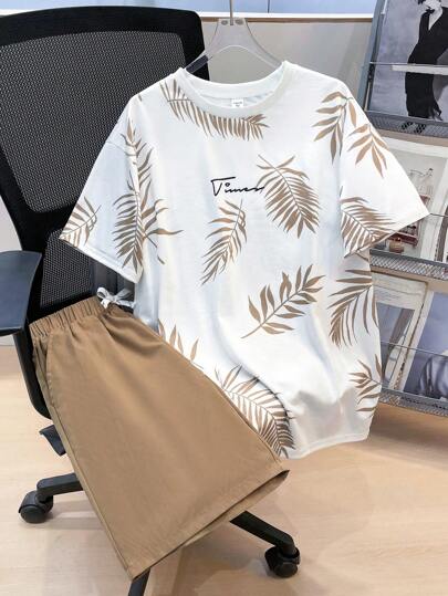 SHEIN 2pcs Set Teen Boy's Tropical Print Tee & Drawstring Waist Shorts;Spring Wear; Teen Boys' Clothing; Teen Boy' Jackets, Spring Back To School