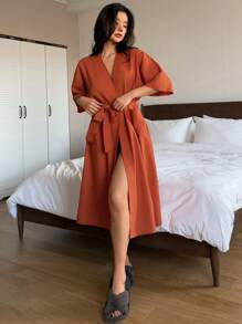 DAZY Minimalist Half Sleeve Wrap Robe, Casual And Fashionable For Everyday Wear Pajama - Rust Brown - View 7