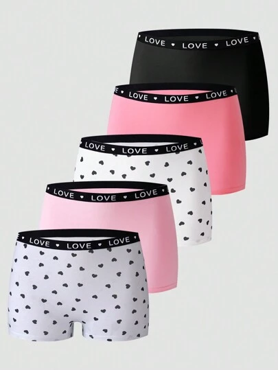 Sparklyn 5 st/set Teen Girl's Heart, Star Allover Print Stretchigt midjeband Loose Fit Hipster Underkläder