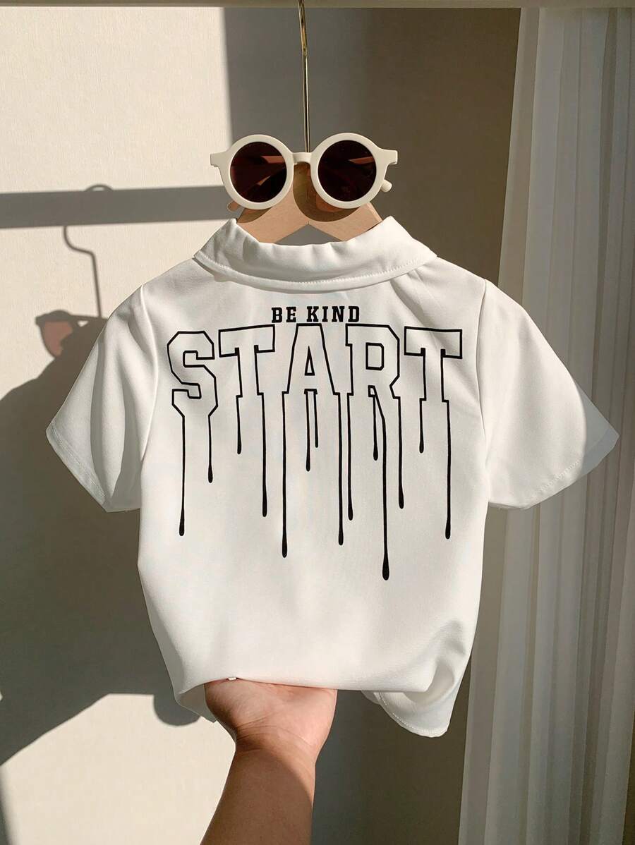 SHEIN 1 Piece Young Boys Casual Sport Shirt With Back Letter Pattern White Collar Short Sleeve Shirt Kids Outfits Young Boy Clothes Back To School Boys Set Suitable For Birthday Party, Party, Performance, Wedding, Baptism, Back To School Suitable For Daily Suitable For School Suitable For Travel Suitable For Sports Suitable For Spring And Summer - White - View 1