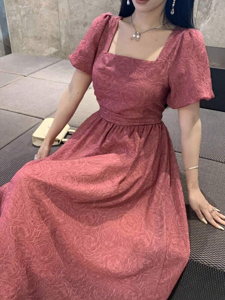 Vestido Midi Casual Plissado de Manga Curta com Decote Quadrado de Cor Sólida, Vestido de Formatura Elegante para Mulheres