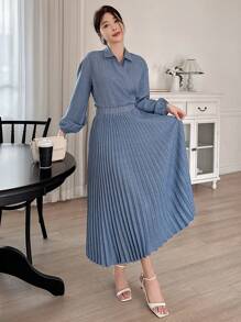 DAZY Women 2Pcs Set: Solid Color Crossover Tie Shirt & Pleated Skirt,Fall Women Clothes - Blue - View 4