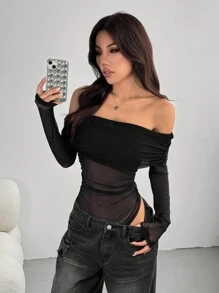 SHEIN EZwear Bộ đồ liền thân lưới dài tay trễ vai màu trơn cho nữ, thời trang - màu đen - Xem 5