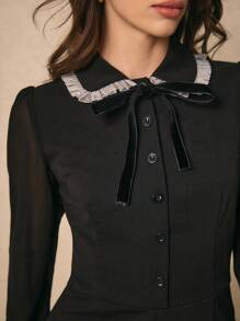 Poéselle Women's Elegant Mesh Patchwork Bowknot Romper Black Ruffle Trim Elegant Long Sleeve Romper Valentine's Day - Black - View 6