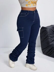 SHEIN ICON Plus Size Front Button Pocket Simple Slim Fit Casual Jeans - Navy Blue - View 4