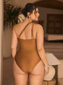 Swim Chiccia 1pc Plus Size Elegant Pleated Solid Color Shiny Fabric Adjustable Strap One-Piece Swimsuit, For Summer Beach - Gold - View 2