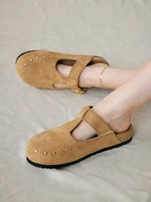 Solecia 女士休闲百搭简约铆钉装饰平底乐福鞋 - 棕色 - 查看 2