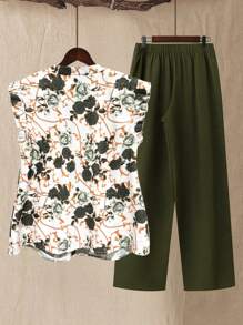 SHEIN LUNE Conjunto de 2 piezas de tallas grandes para mujer, con blusa holgada de manga corta con estampado floral vintage y pantalones rectos y sencillos, conjunto casual para primavera/verano