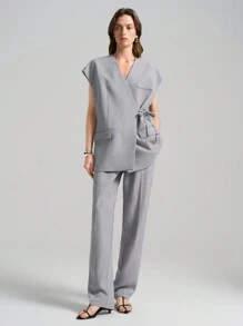 Ontre 2 件套女士灰色旧货币印花背心休闲套装，宽松外套，2025 年春季新款 - 灰色 - 查看 3