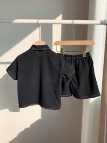 SHEIN 2pcs/Set Young Boys Casual Contrast Stitching Short Sleeve Shirt And Shorts