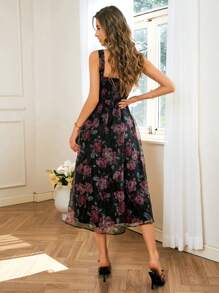 SHEIN VCAY Elegant Floral Print Waist Cinched Cami Dress - Black - View 2