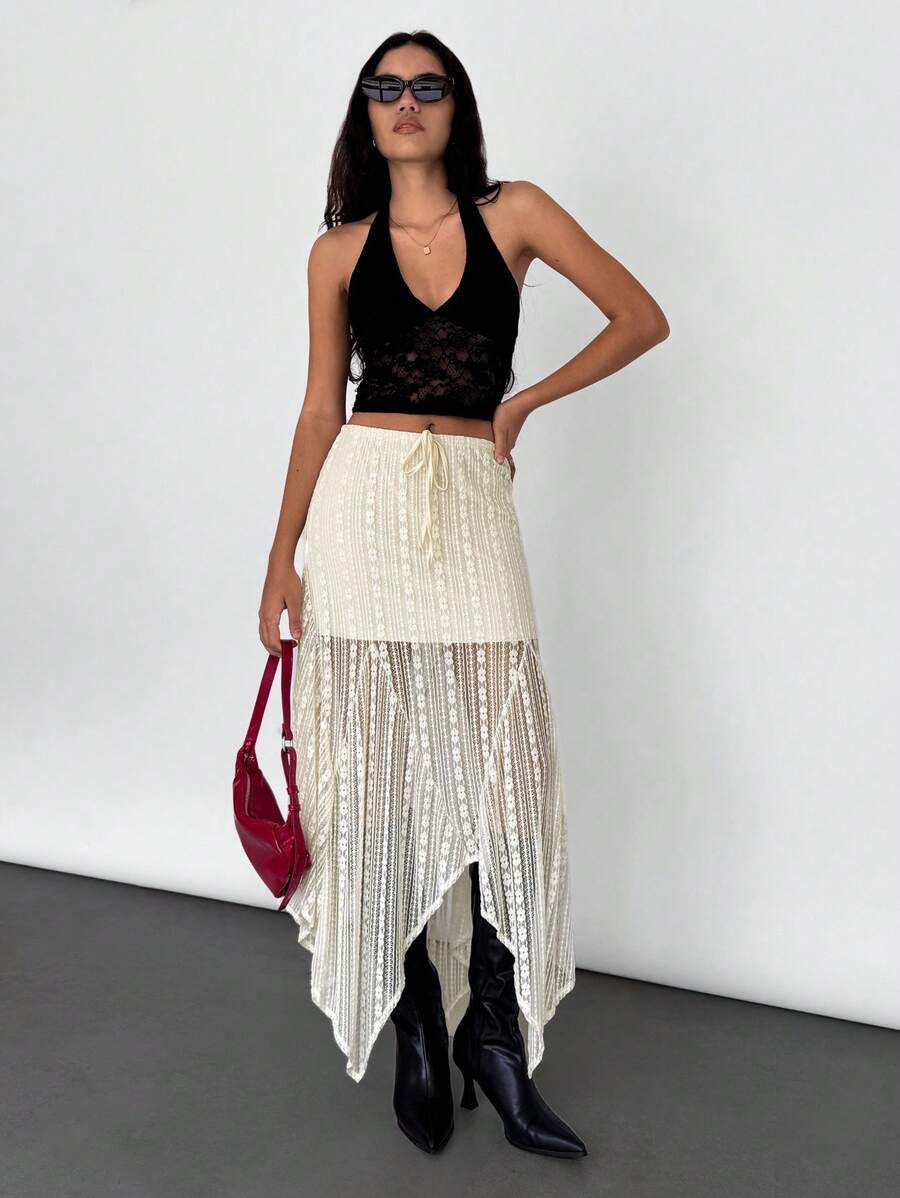 SHEIN Essnce Falda asimétrica de encaje de unicolor para mujeres, ropa de San Valentín, falda de fiesta elegante y personalizada - Albaricoque - Ver 1