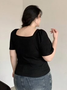 Dazy Plus Áo thun cổ vuông tay bồng ôm vừa vặn màu trơn, mùa xuân/hè - màu đen - Xem 2