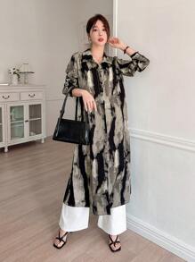 DAZY 春秋新款宽松休闲水墨染色连衣裙，适合办公室穿着，衬衫裙长袖连衣裙，可作长款连衣裙。 - 灰色 - 查看 7