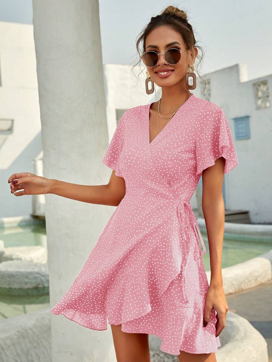 Breezaya Cute Pink Mini Dress For Women: Polka Dot Print, Ruffle Hem, V-Neck, Vacation Style,Summer Dresses For Women - Baby Pink - View 1