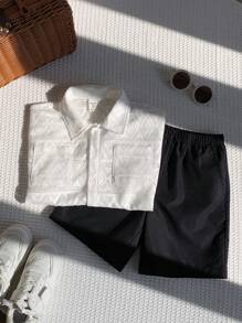 SHEIN 2件套男童夏季休闲纯色镂空短袖衬衫和短裤 - 彩色 - 查看 6