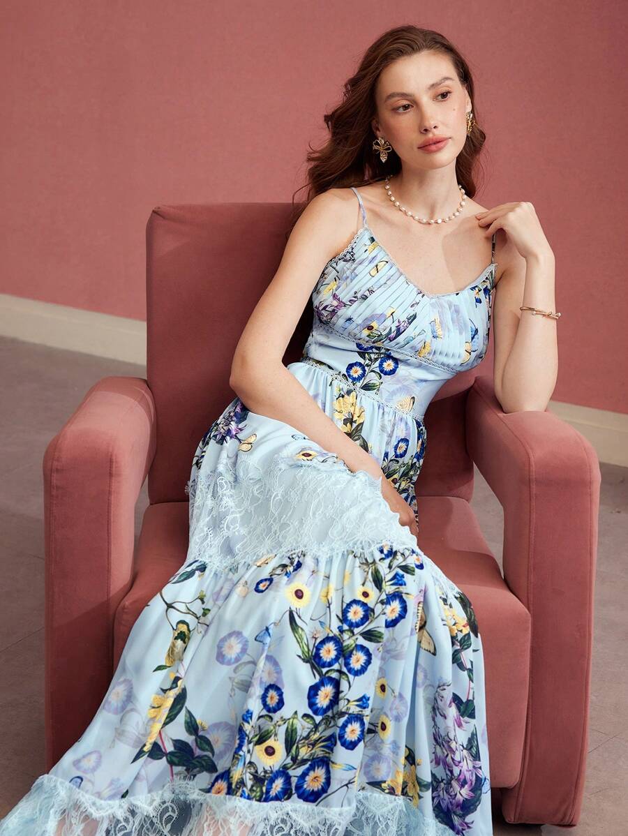 MOTF PREMIUM Robe imprimée de fleurs avec contraste en dentelle - Multicolore - Voir 1