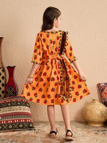 Tween Girl Retro Floral & Mesh Waist Gathered Dress, Suitable For Ramadan, Outings And Other Occasions - Yellow - View 2