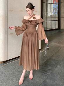 DAZY Fitted Pieced Ruffle Off Shoulder Standout Floral Decor Midi Dress For Women,Fall Dress Long Sleeve Dress