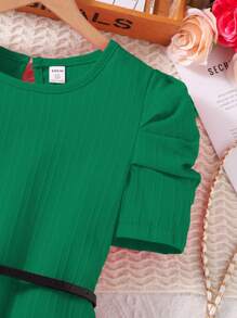 SHEIN Vestido casual para niña preadolescente de manga abullonada y cuello redondo en unicolor - Verde - Ver 8