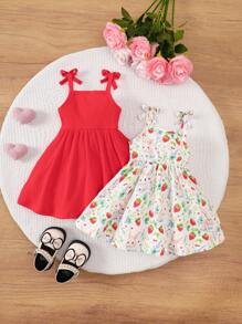 SHEIN 2pcs/Set Baby Girl Casual All-Match Versatile Cute Watercolor Rabbit & Strawberry Print Sleeveless Dress, Suitable For Valentine's Day, Easter, Festivals, Birthday Photo Shoot, Outdoor Activities, Leisure, Vacation, Spring/Summer Clothes
