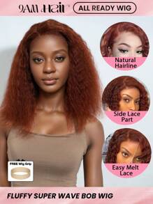 ALL READY WIG 预拔预切融化蕾丝 5.5x5x1 无胶蕾丝前假发 100% 真人发红棕色超波浪 14 英寸鲍勃假发 9AM 头发 - S33D - 查看 1