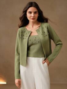 Anewsta 女式水钻装饰长袖休闲夹克和短款吊带背心两件套 - 橄欖綠 - 查看 4