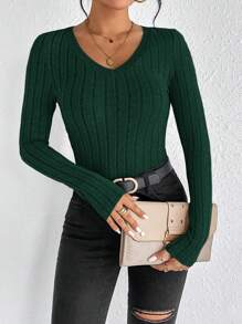 SHEIN Frenchy Casual Solid Color Slim Fit Long Sleeve T-Shirt, Spring/Autumn Winter Green Christmas - Dark Green - View 5