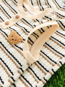 Loomiva 2pcs/Set Baby Boy Summer Cute Knitted Stripe Cartoon Pattern Tank Top And Shorts Set