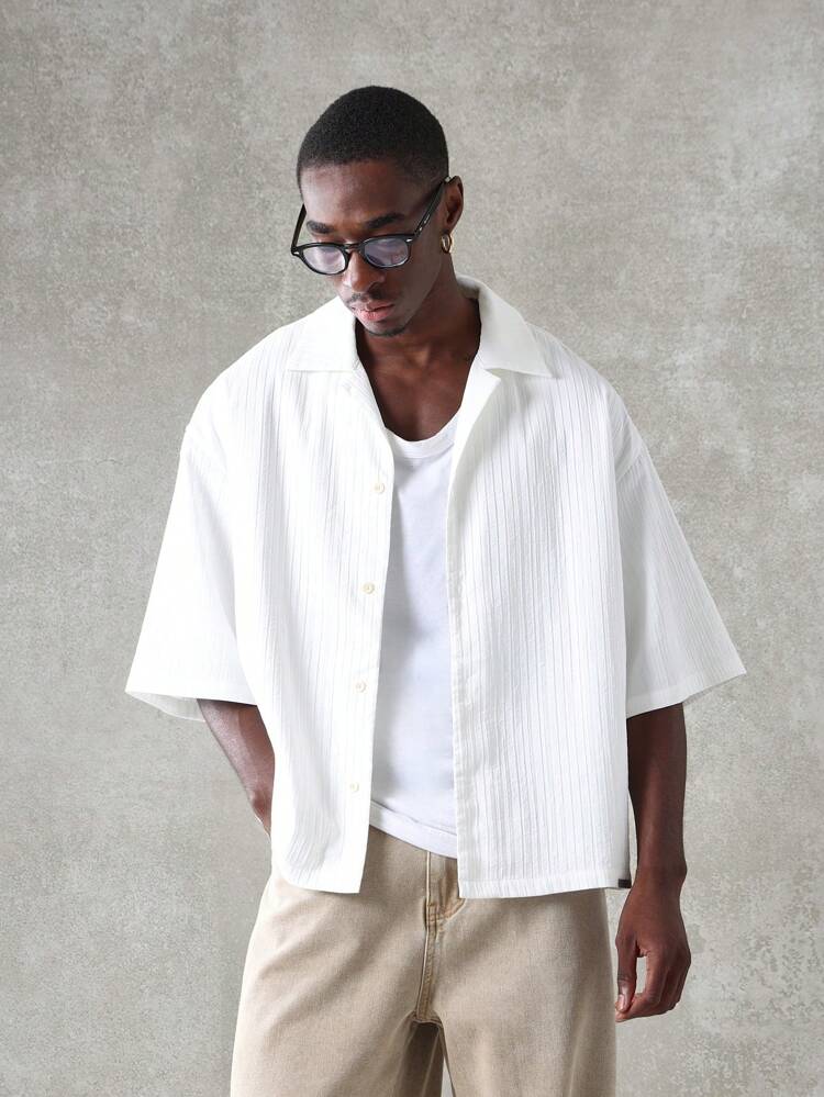 SUMWON Luxurious Boxy Fit Button-Down Dress Shirt, Textured Pleat Design Summer Formal Shirt, Business Professional Modern Japanese Style Resort Wedding Shirt