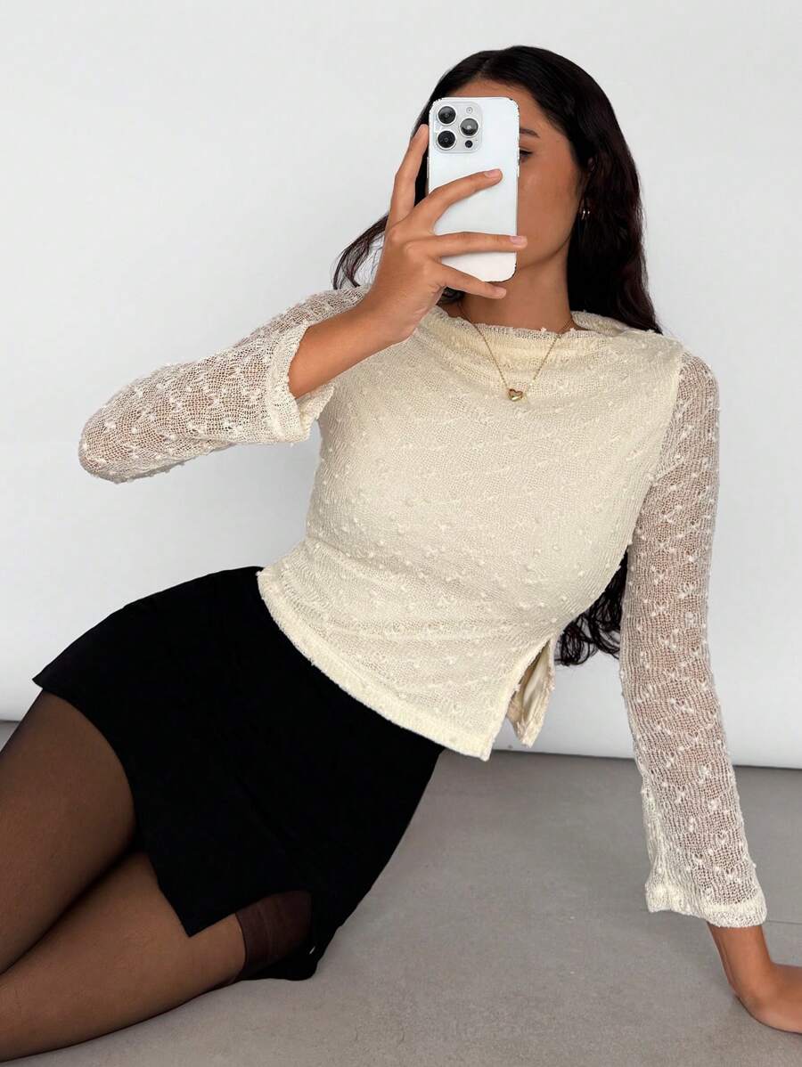 SHEIN Essnce Áo thun bó sát xẻ gấu màu trơn thường ngày cho nữ, mùa xuân và mùa thu, áo bất đối xứng, áo liền quần dài tay, áo crop top dài tay, áo dài tay cho nữ, áo sơ mi dài tay, áo sơ mi trắng cho nữ - trắng - Xem 1