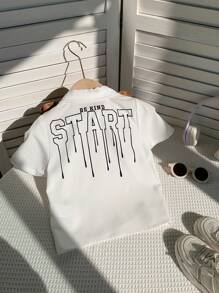 SHEIN 1 Piece Young Boys Casual Sport Shirt With Back Letter Pattern White Collar Short Sleeve Shirt Kids Outfits Young Boy Clothes Back To School Boys Set Suitable For Birthday Party, Party, Performance, Wedding, Baptism, Back To School Suitable For Daily Suitable For School Suitable For Travel Suitable For Sports Suitable For Spring And Summer - White - View 3