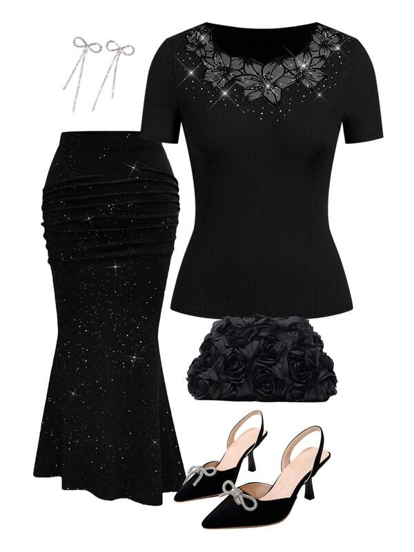 Ellevyn Camiseta de festival de manga corta con adornos de encaje y strass, romántica para el Día de San Valentín para mujer