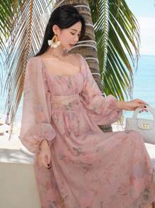 DAZY Spring New Fashion Plant Print Waist High Waist Sundress, Elegant Long Sleeve Ditsy Floral Dress, High-End Pink Ditsy Floral Formal Dress For Women