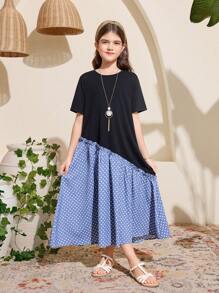 SHEIN Leap Crew Tween Girl Casual Holiday Color Blocking Round Neck Cap Sleeve Dress, Ramadan Dress - Black - View 3