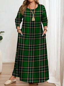 EMERY ROSE Plus Size Green Plaid Pattern Print Long Sleeve Round Neck Dress, Suitable For Spring - Multicolor - View 2