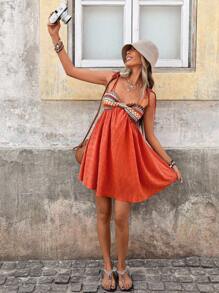 SHEIN VCAY Women's Summer Geometric Print Patchwork Strap Mini Dress - Orange - View 5