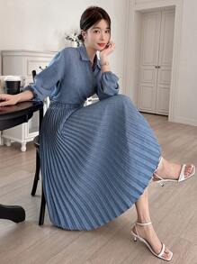 DAZY Women 2Pcs Set: Solid Color Crossover Tie Shirt & Pleated Skirt,Fall Women Clothes - Blue - View 3