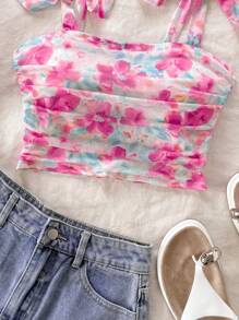 Soleia 女士浪漫花卉印花露背交叉带褶皱吊带背心，适合派对、情人节 - 彩色 - 查看 6
