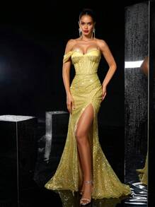 Glamrae Elegantes, romantisches, wunderschönes, sexy Kleid für Frühling und Sommer in Gelb mit Pailletten, Satinsteppung, Carmen-Ausschnitt, plissierter Taille, seitlichem Fließ, Fischschwanzsaum, geeignet für Urlaub, Geburtstagsfeiern, Dates, Abschlussbälle, formelle Dinner, Hochzeitsgäste, Abendkleider - Gelb - Übersicht 5