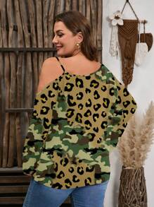 SHEIN LUNE Camiseta asimétrica de talla grande, informal, con estampado de camuflaje y leopardo, y diseño estampado sobre todo el tejido, para primavera/otoño - Multicolor - Ver 3