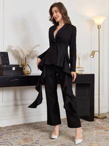 Modelyn Women's Spring/Summer Ruffled Strap Elegant Design Modern Suit Set - Black - View 4