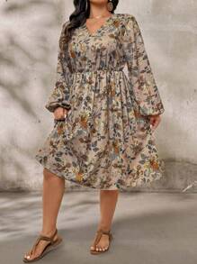 SHEIN LUNE 大码女式花卉印花灯笼袖休闲连衣裙，度假风格斋月 - 彩色 - 查看 7