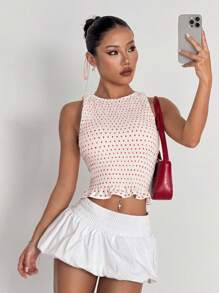 Flirla Cute Polka Dot Pleated Elastic Hem Ruffle Decor Round Neck Slim Fit Sleeveless Tank Top - White - View 3