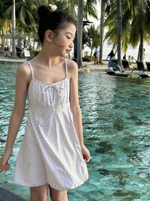 DAZY 1 件女童波尔卡圆点印花连衣裙，适合秋季